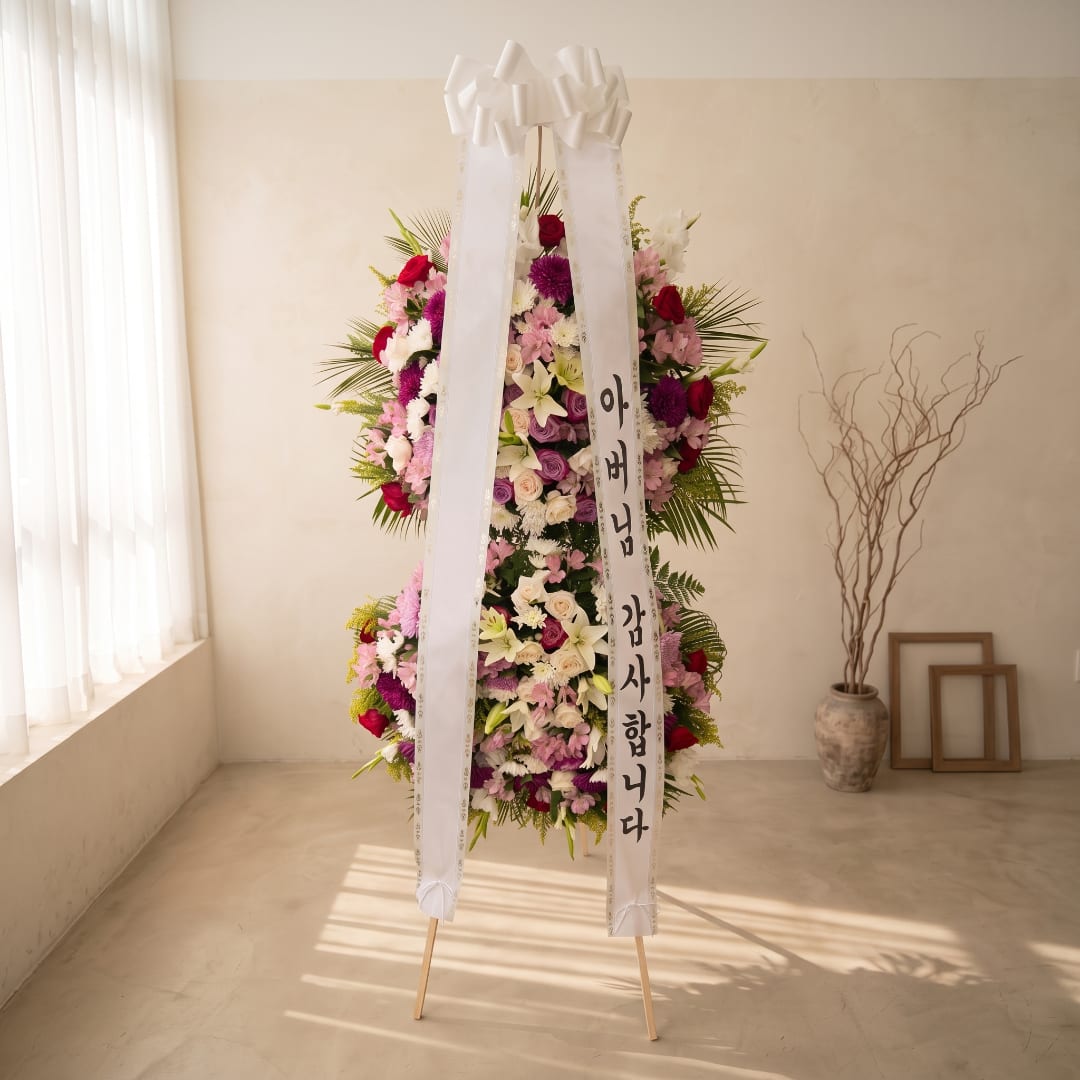 Standing floral wreath with white ribbons and mixed pink, red, and purple flowers