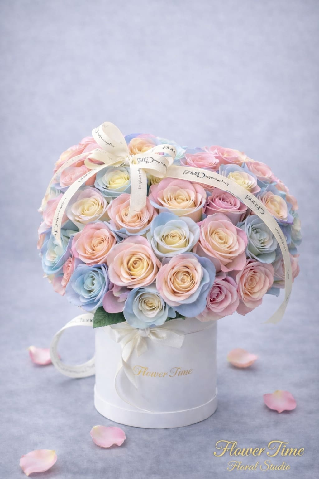 Pastel roses arranged in a white hatbox with ribbon.