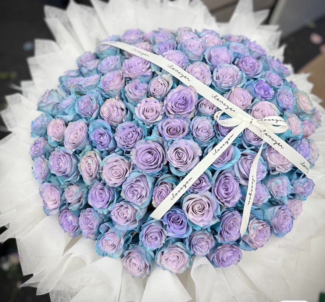 Large bouquet of lavender roses wrapped in white paper with a ribbon