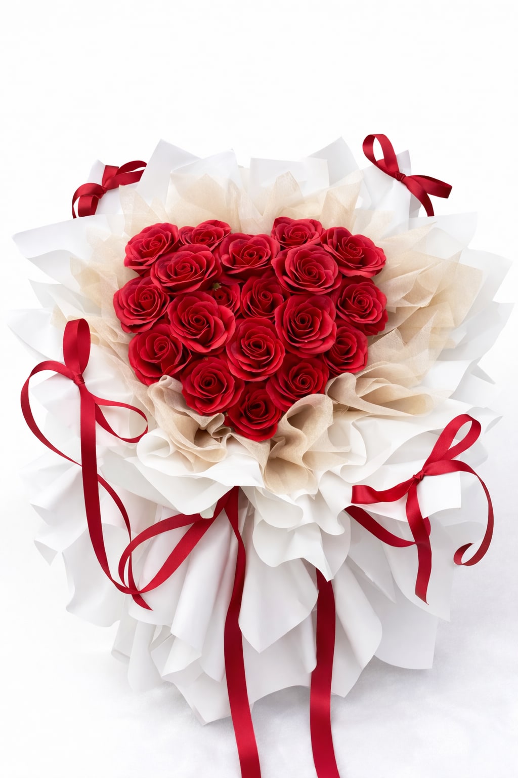 Heart-shaped bouquet of red roses wrapped in white and beige paper with red ribbons