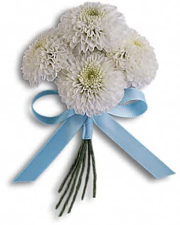 White chrysanthemum bouquet tied with a blue ribbon