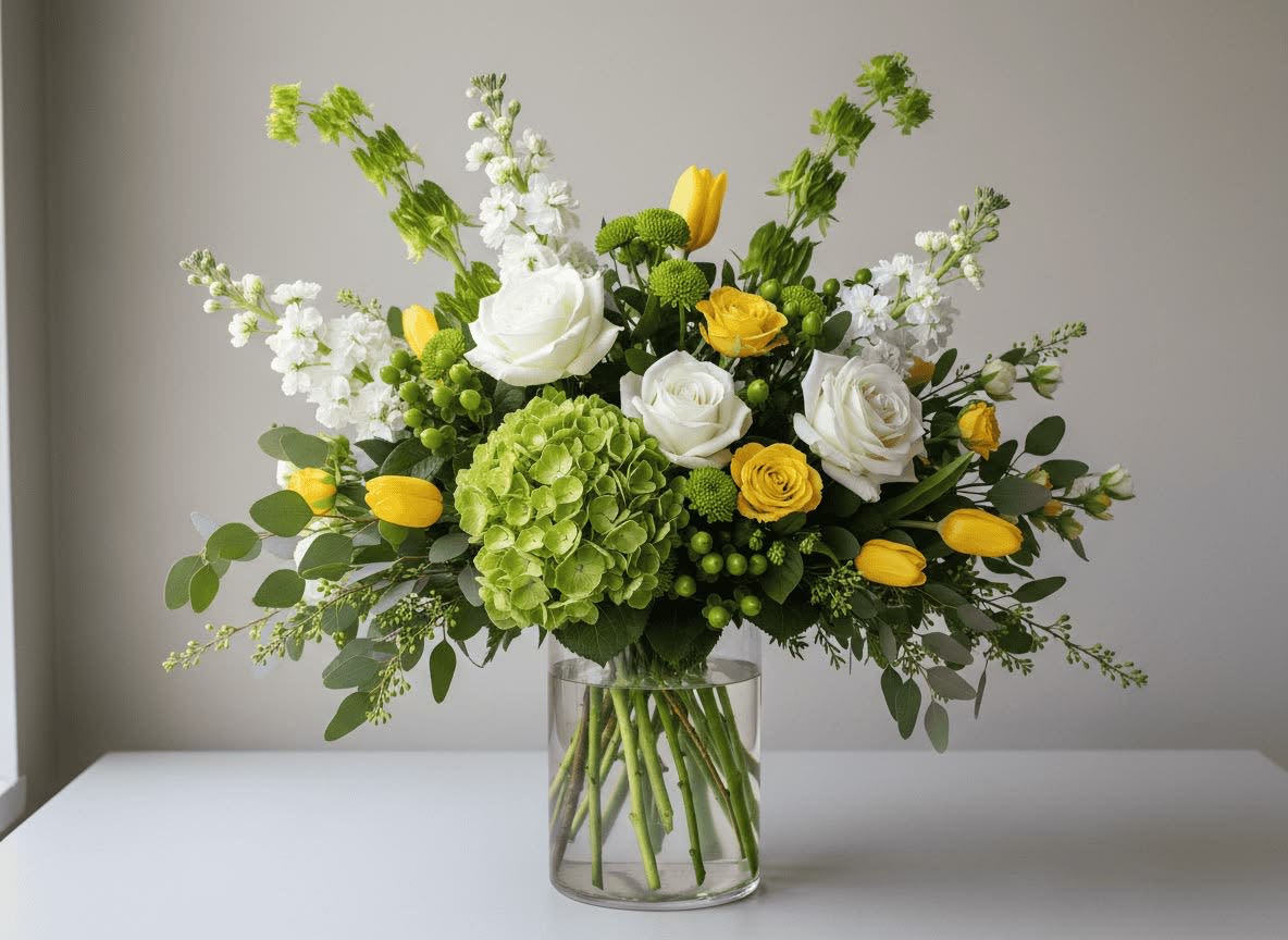 Pure Sunrise  - A radiant floral composition that symbolizes joy,renewal and peace through a perfect balance of colors and texture.