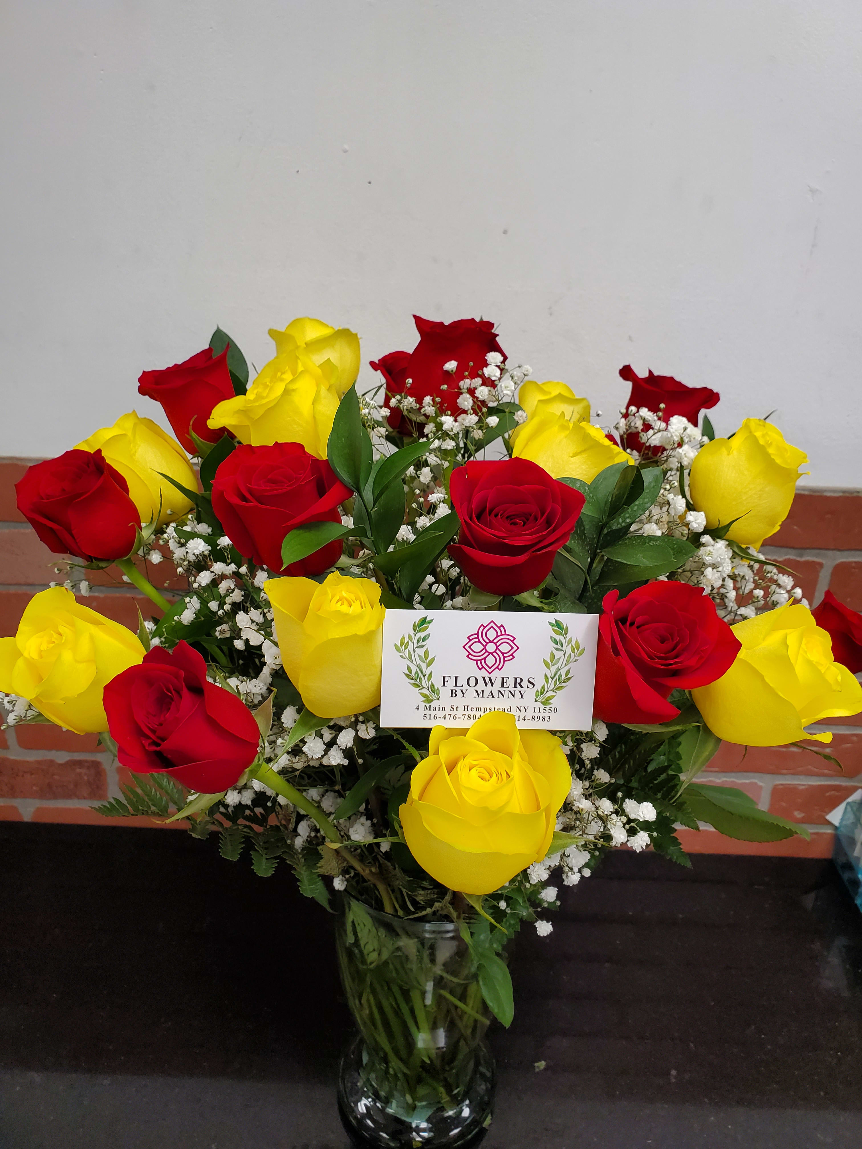 Yellow and Red Roses - 12 yellow roses and 12 red roses in vase with BB.