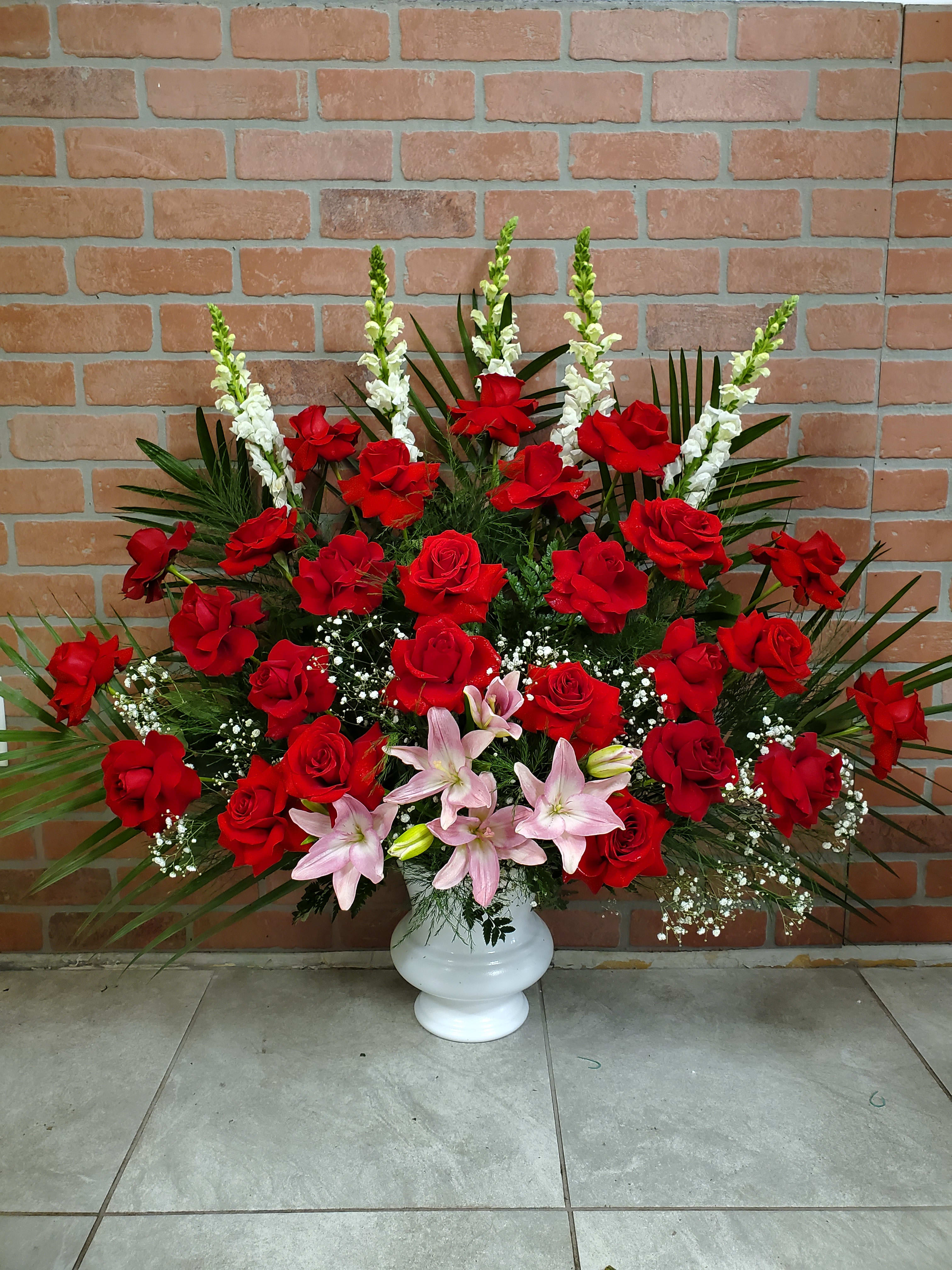 Red and pink floor basket  - Red roses, pink lilys and white snaps.