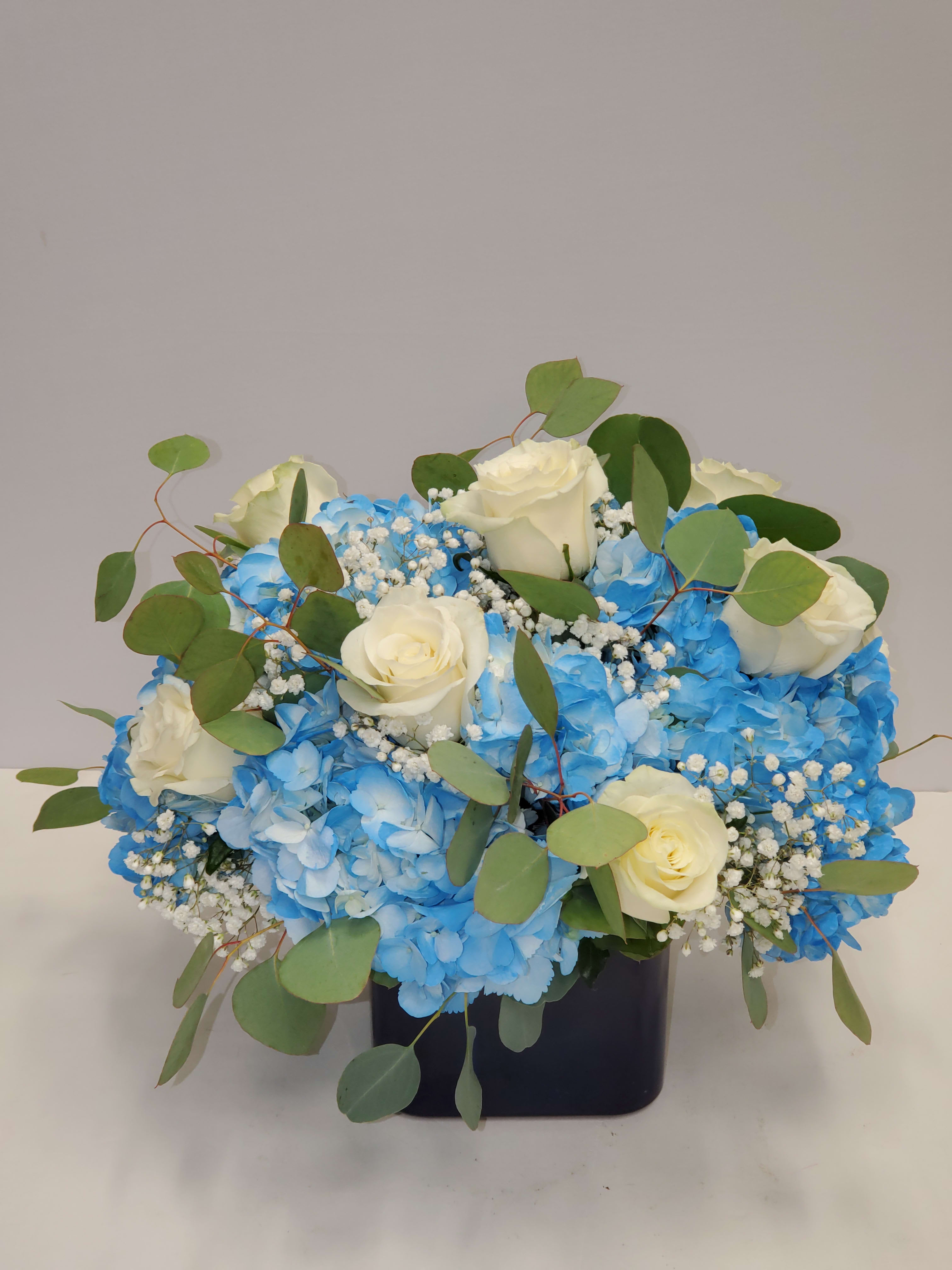 New baby boy - 8 white roses, 4 blue hydrangea, baby breath and eucalyptus in a vase 
