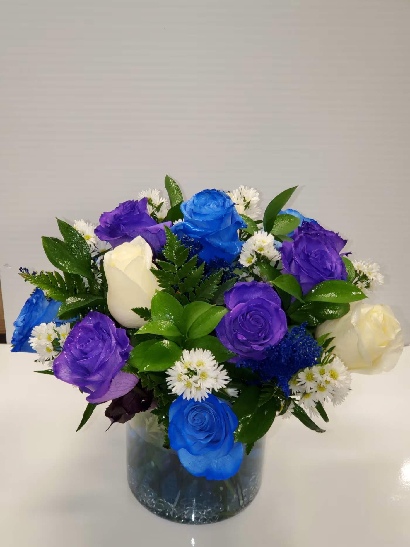 Midnight love - Deep purple roses, blue roses and white roses.