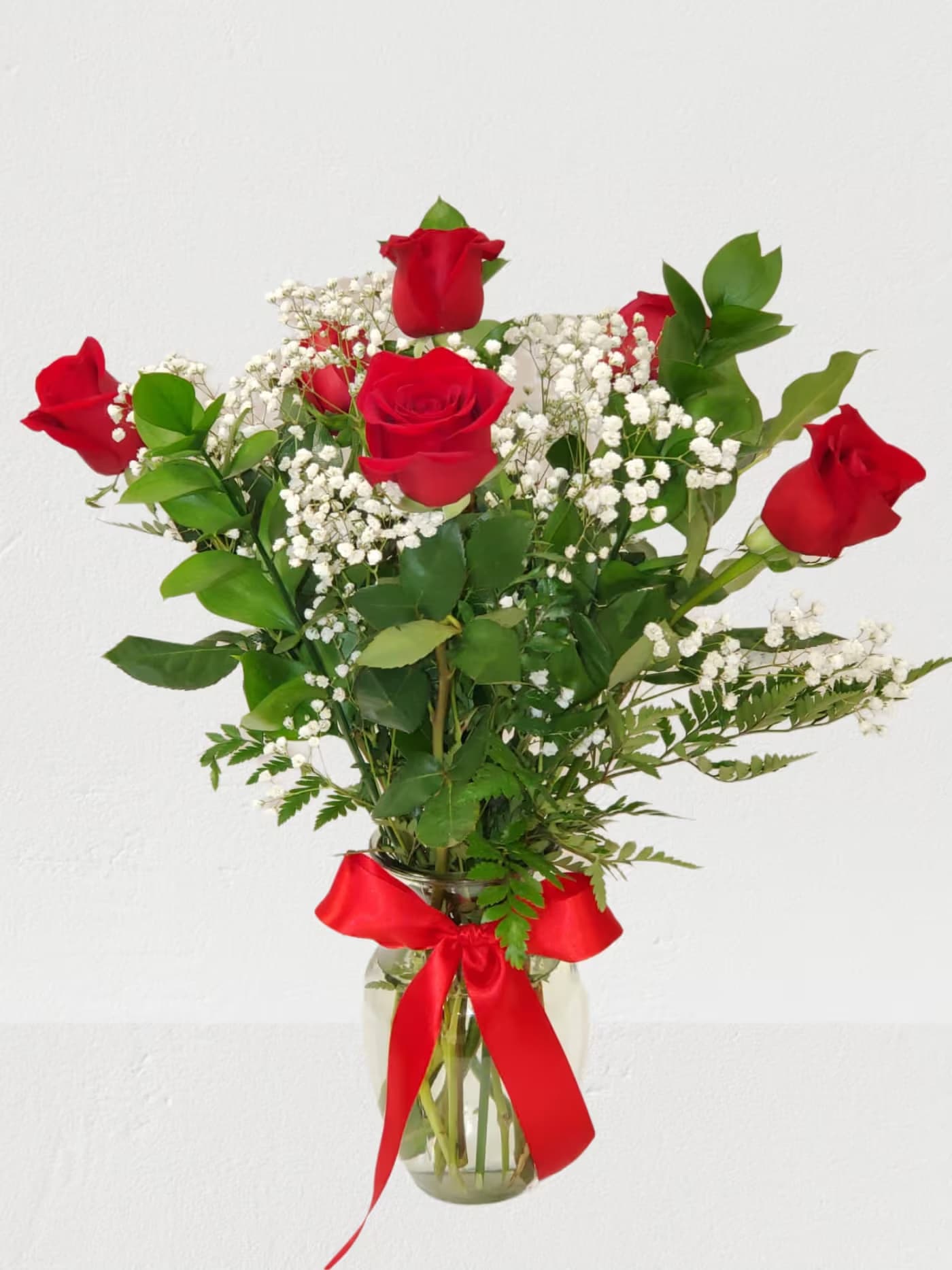 6 red roses in a vase  - 6 beautiful red roses in a vase with baby breath and greens  