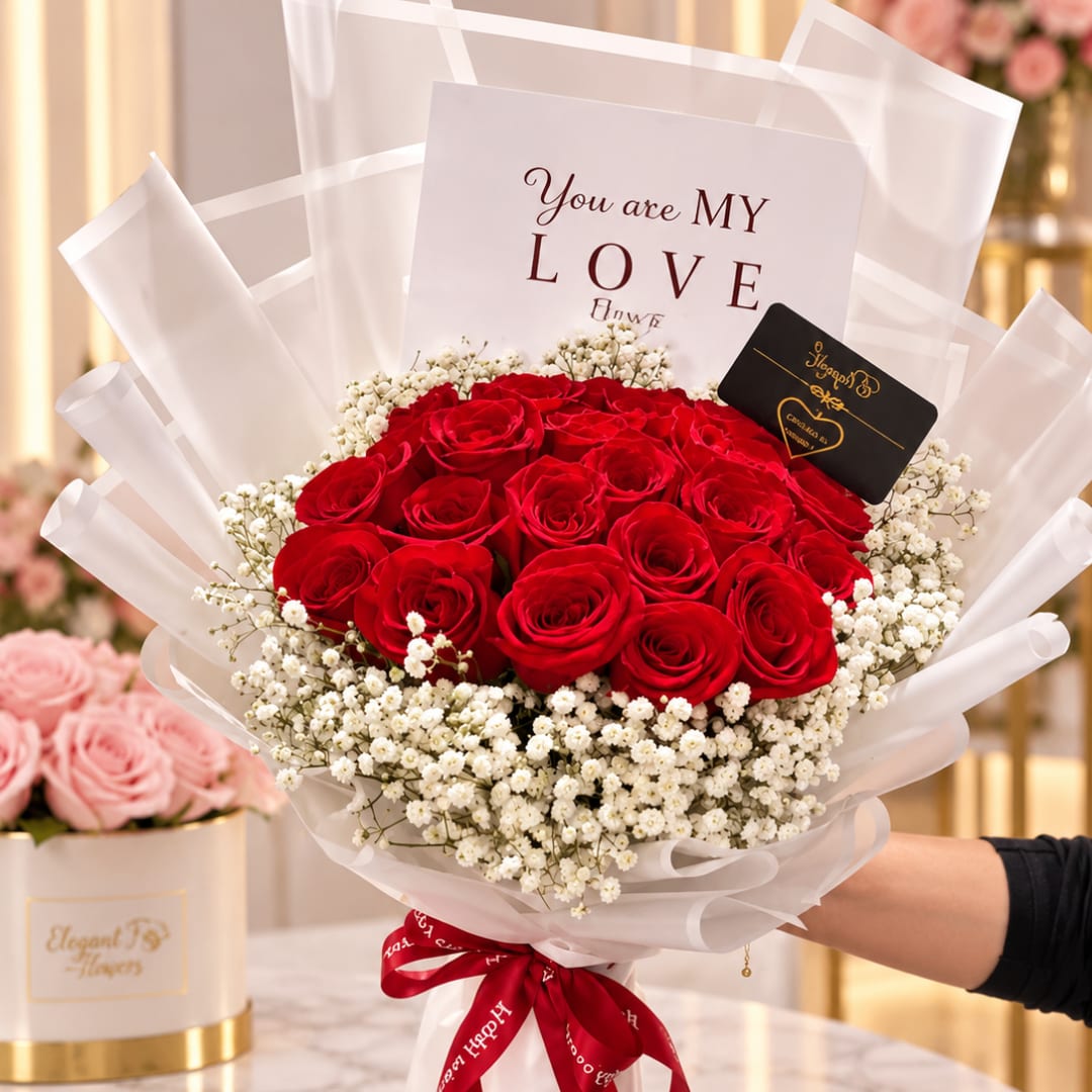 Bouquet of red roses with white baby's breath and a love card