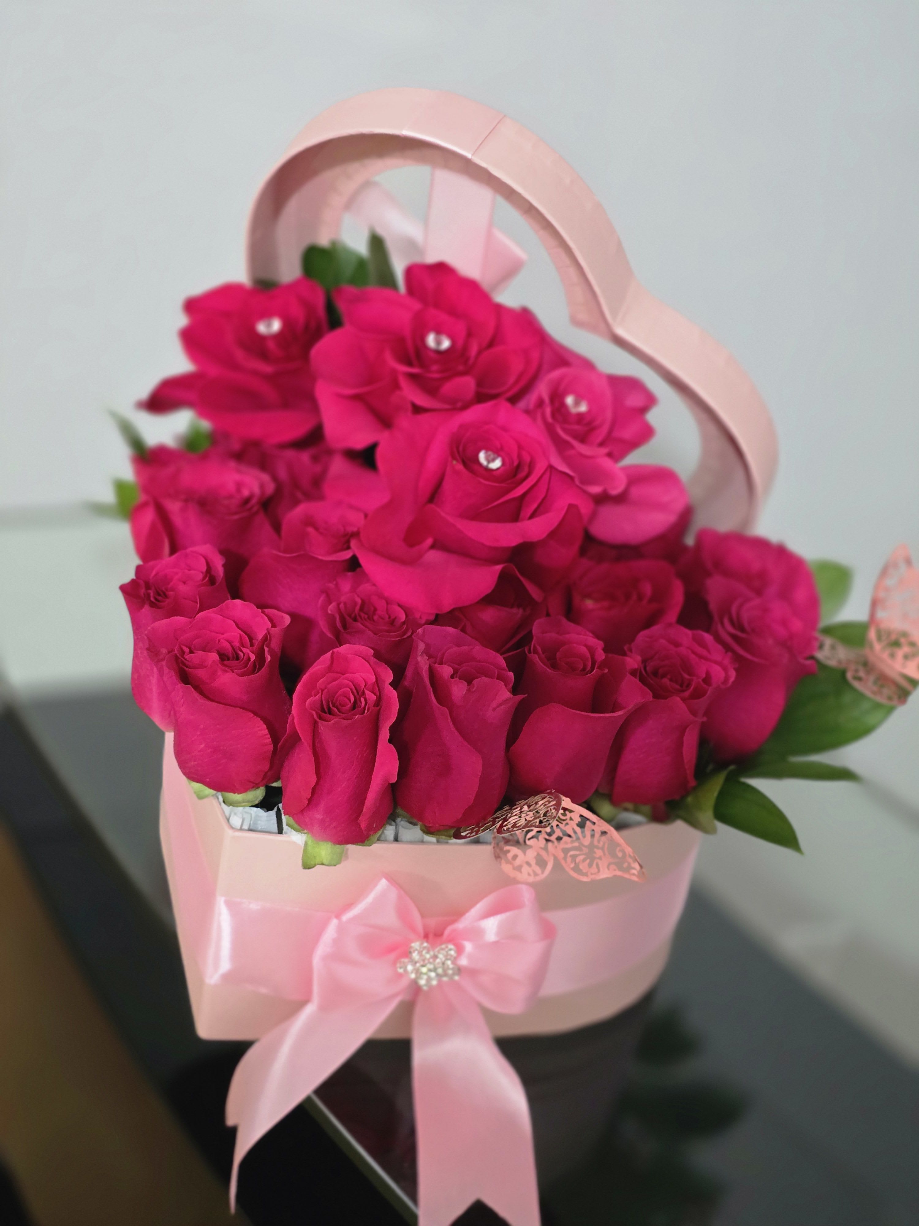Hot Pink Heart - Fierce Love in Full Bloom  Our Bright Pink Heart bouquet is bold, beautiful, and impossible to ignore. Handcrafted with vibrant hot pink roses in a stunning heart shape, it’s the perfect way to express passion, admiration, or self-love with confidence and flair. This striking piece is made to stand out — just like the person receiving it.  Ideal for birthdays, anniversaries, or a glam surprise.   Delivery available  Loud. Lovely. Pure pink power in a heart.  