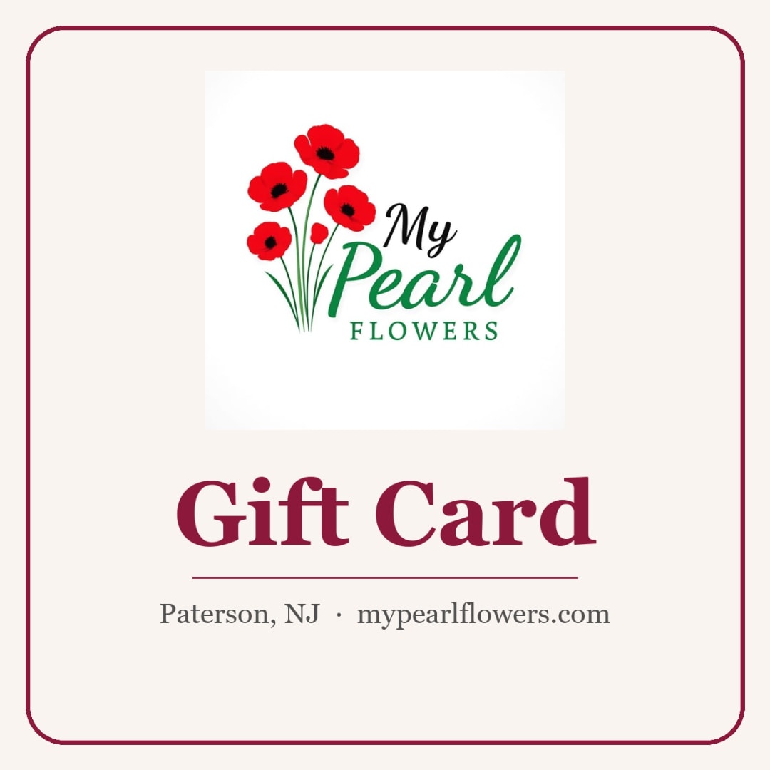 My Pearl Flowers gift card with red flower logo and text