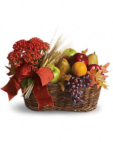 Autumn fruit basket with red flowers and a large ribbon