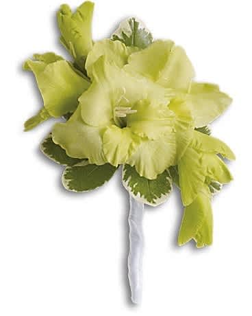 Green boutonniere with pale blooms and white ribbon wrap
