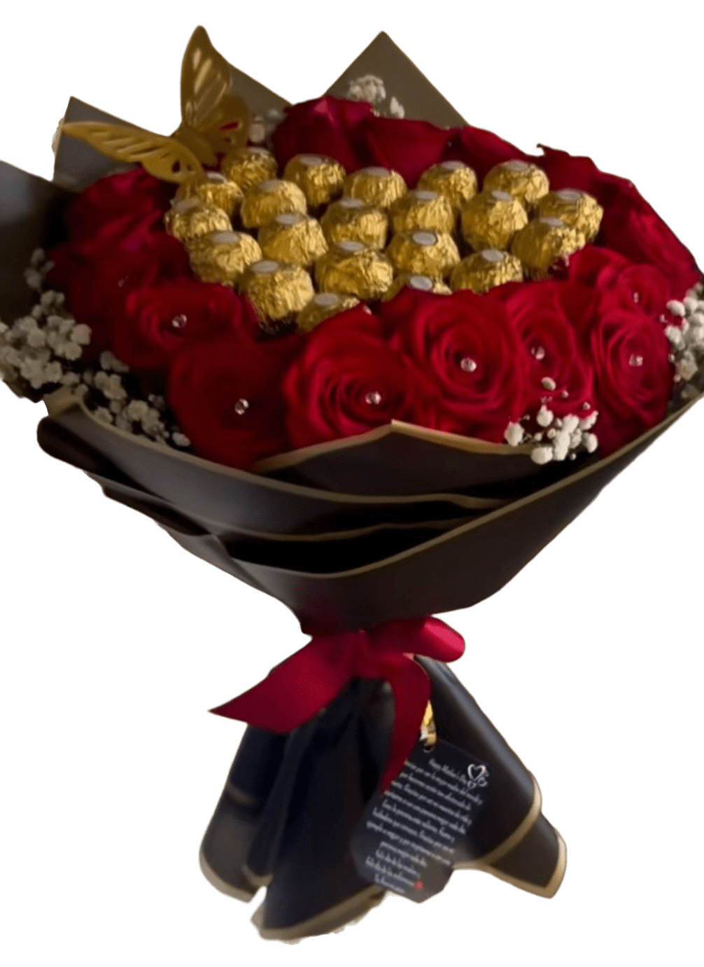 The Golden Romance Bouquet - The Golden Romance Bouquet is a breathtaking fusion of deep red roses and a heart of golden Ferrero Rocher chocolates.