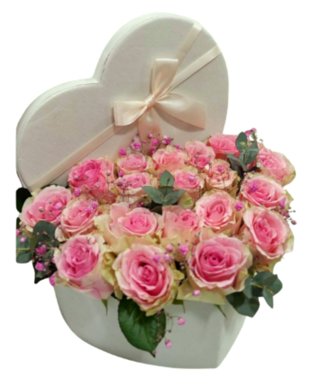 The Purest Affection Artisan Box - A tender curation of premium blush pink and creamy-white roses, designed to evoke the purest artistic expression of a mother's love. Perfectly nestled in a high-end white heart box, finished with a signature satin ribbon.