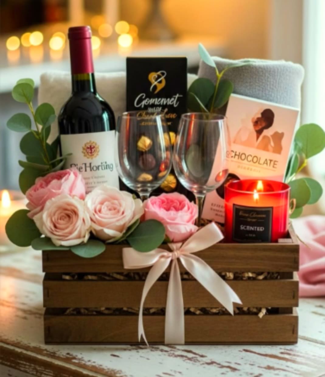 The Gentleman’s Reserve Gift Box - "A sophisticated premium wood crate featuring a fine bottle of red wine, twin crystal glasses, gourmet chocolates, and a luxury scented candle. Complete with a cozy plush blanket and fresh eucalyptus, it’s the ultimate gift of relaxation for Dad."