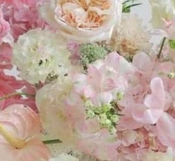 Soft pink and white flowers arranged in a pastel bouquet