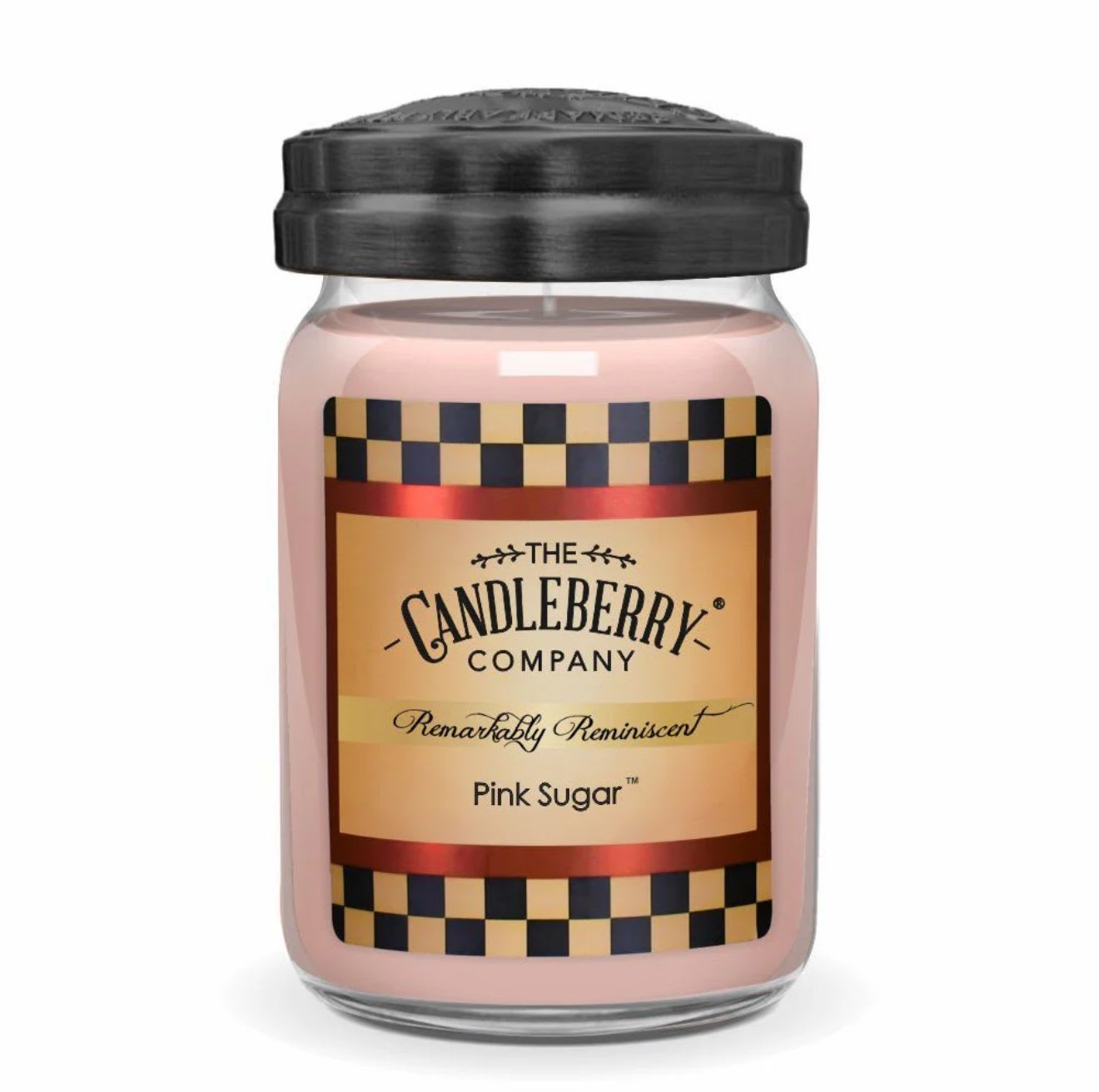 Pink candle in a glass jar with a black lid and labeled front