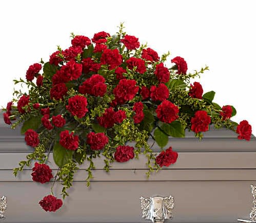 Large red carnation arrangement with trailing greenery on a casket