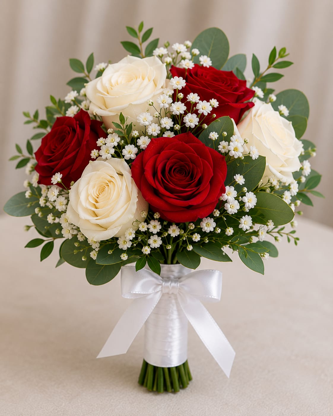 Red and white rose bouquet with baby's breath and a white ribbon wrap