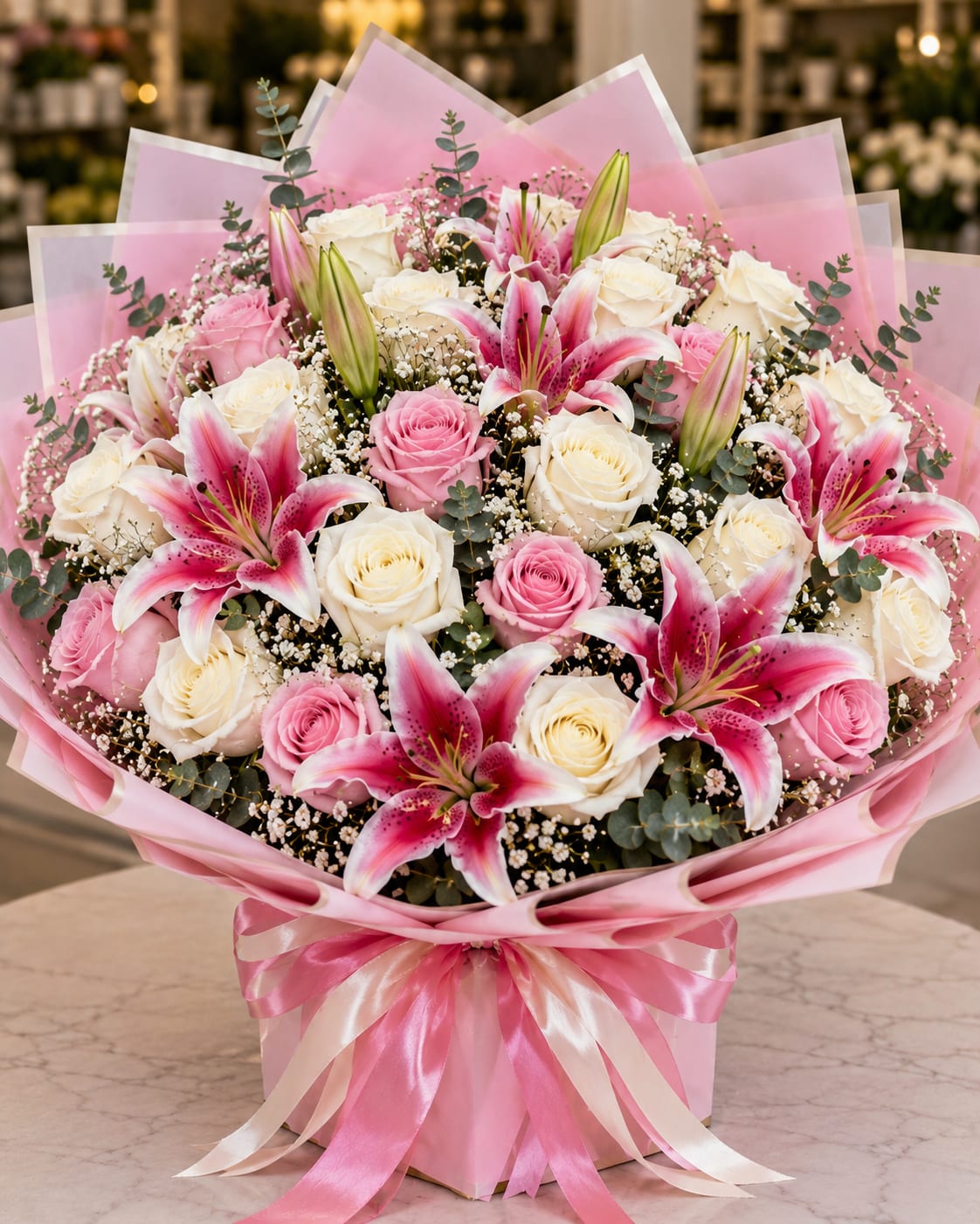 Pink and white roses with pink lilies in a wrapped bouquet