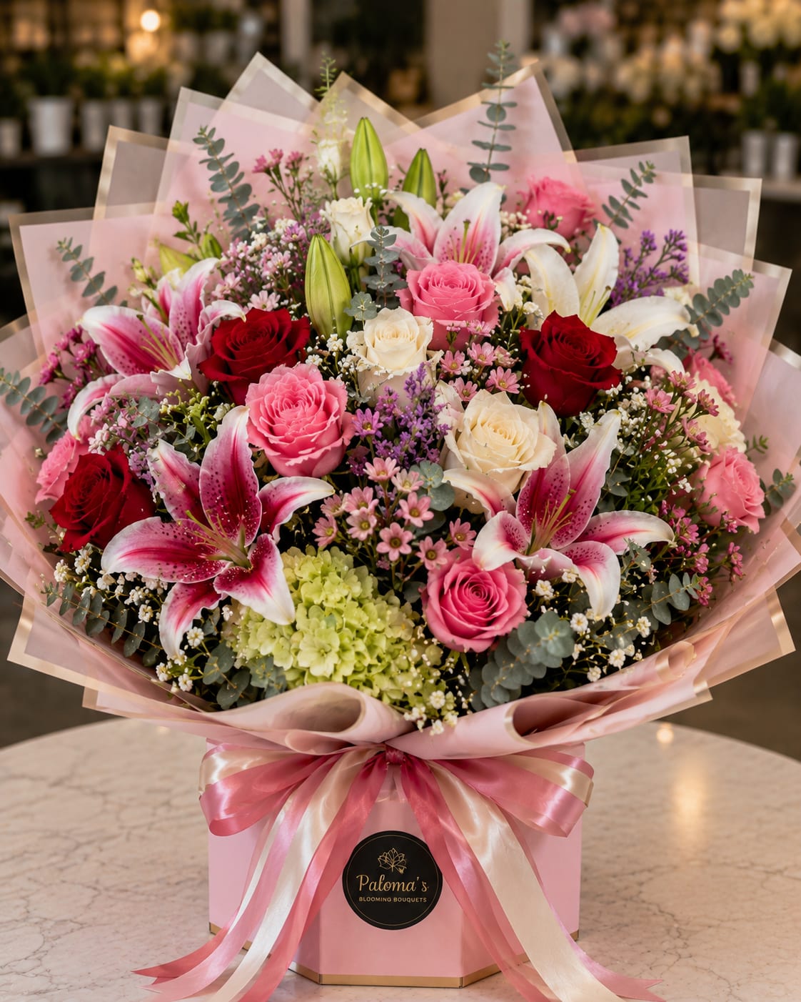 Pink and white bouquet with roses, lilies, and hydrangea in a pink box
