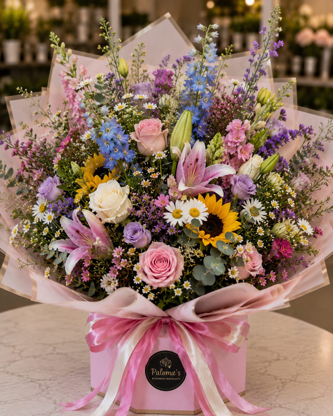 Mixed bouquet with pink roses, lilies, sunflowers, and daisies in pink wrap