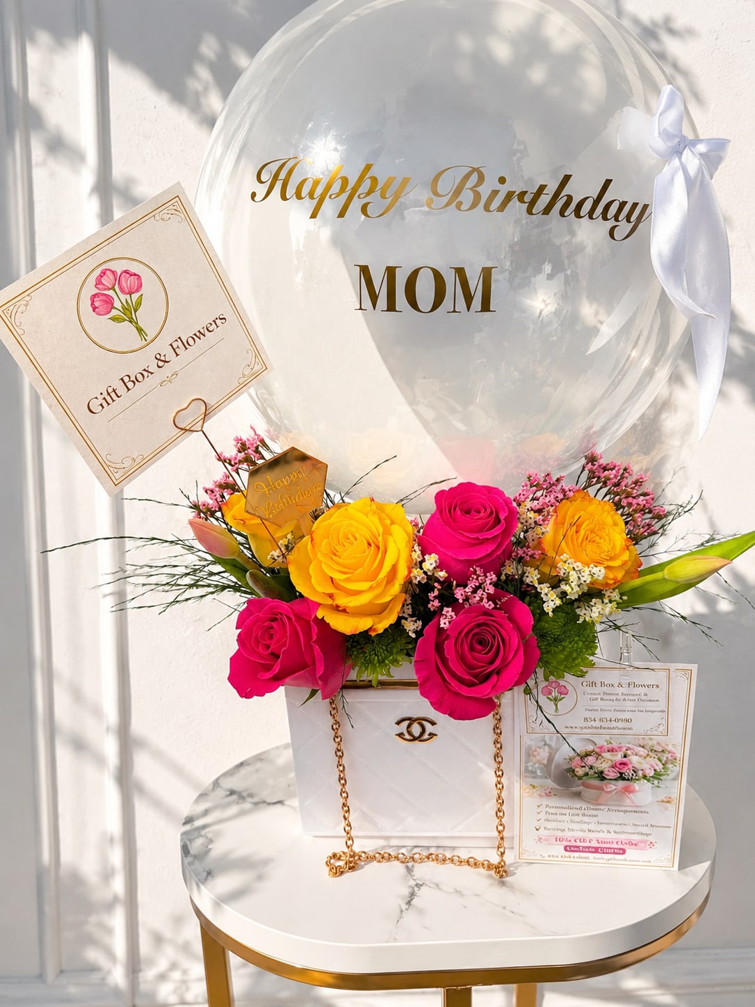 Birthday Luxe - A luxury floral arrangement featuring vibrant roses, premium blooms, and a personalized bubble balloon, beautifully designed in an elegant keepsake box. Perfect for birthdays, celebrations, and unforgettable moments. Available for local flower delivery in Myrtle Beach, South Carolina.
