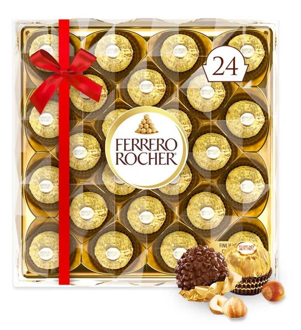 Box of Ferrero Rocher chocolates with a red ribbon