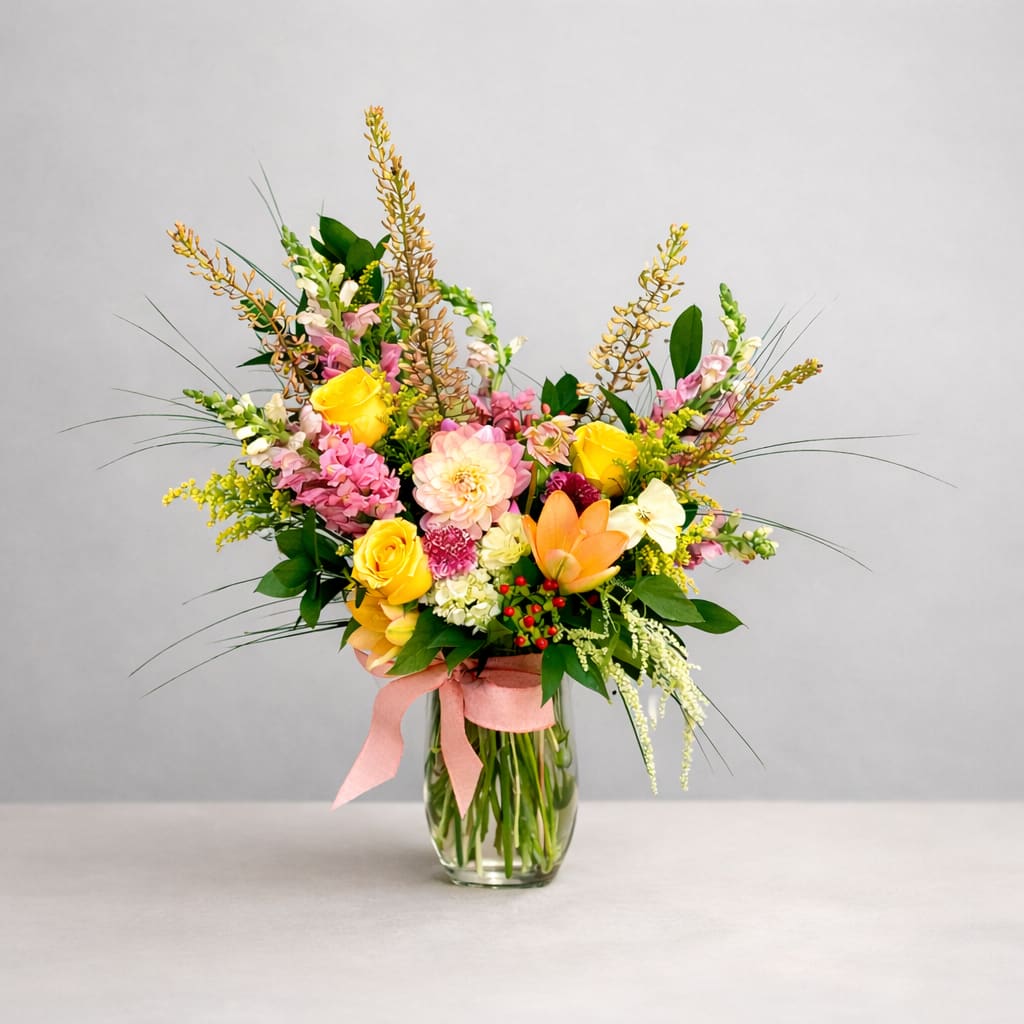Urban Butterfly - Where concrete meets sunshine, Urban Butterfly takes flight — a modern twist on nature’s sweetest transformation. Bright yellow roses and tulips mingle with soft pink blooms and airy greenery, creating a blend that feels both city-chic and effortlessly free-spirited.  Perfect for brightening workspaces, gifting to a creative soul, or adding a touch of lighthearted sophistication to your home.