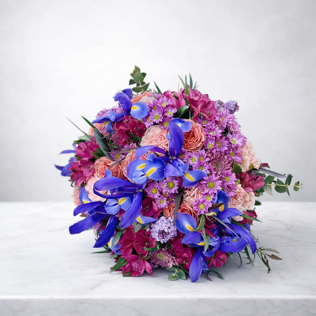 Persephone Hand-tied Bouquet - A fragrant hand-tied bouquet to herald the goddess of flowers and the dawning of spring. Sapphire iris, purple lilac, premium peach garden roses, and pink alstroemeria, supported by a mix of eucalyptus and burgundy agonis. This gem-toned dream comes wrapped in brown or decorative paper and is the perfect gift for your cherished date or esteemed colleague.