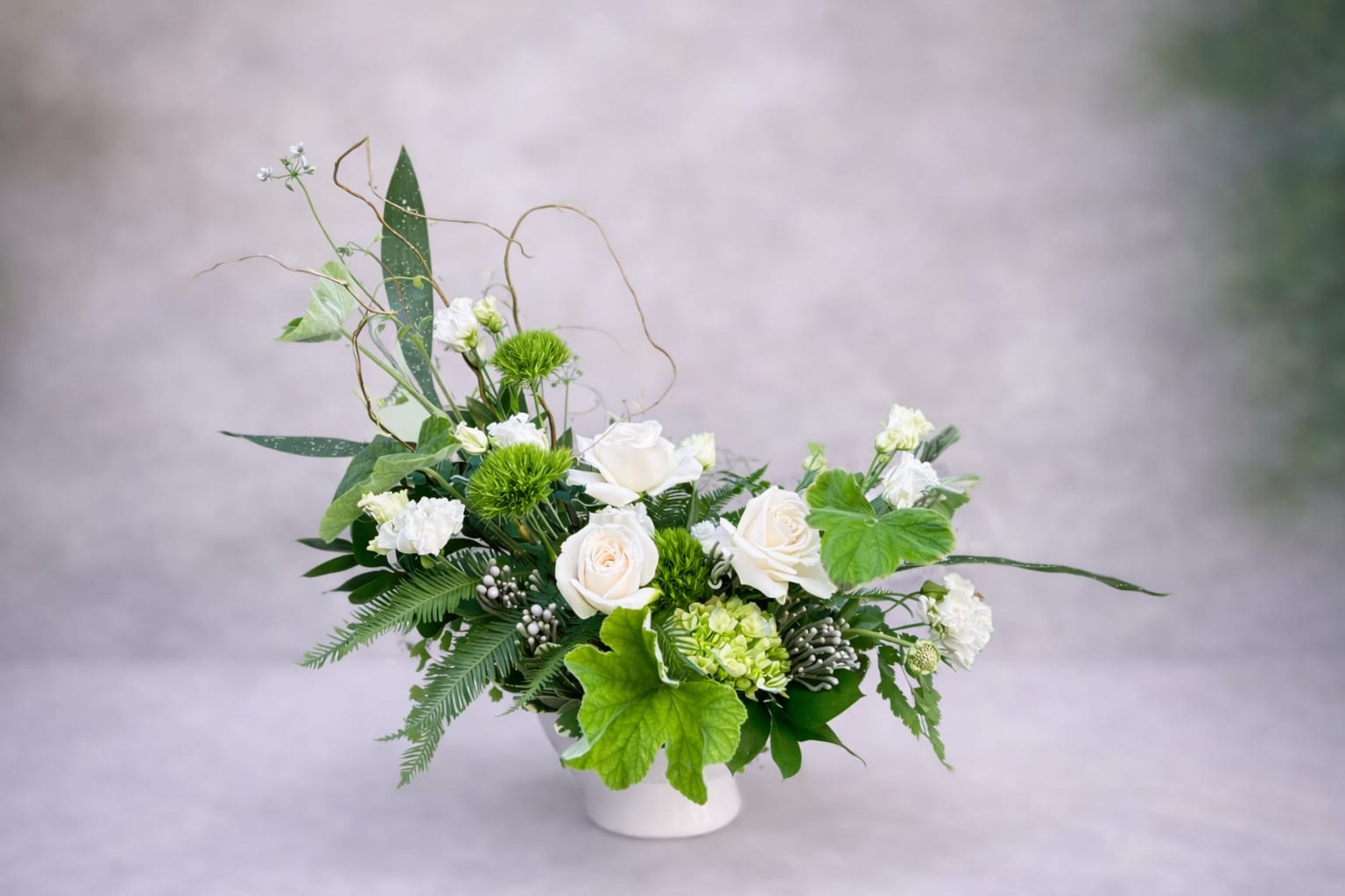 Esmerelda - Fresh, modern, airy garden style arrangement in immaculate monochrome, with a sultry half-moon shape, featuring: Playa Blaca rose, mini green hydrangea, green ball dianthus, white lisianthus, geranium, boronia, and curly willow and luxurious tropical greens.