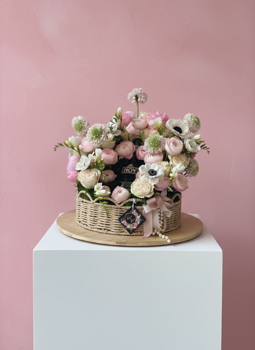 The Grand Gesture  - The Grand Gesture When a regular gift simply won't do. An abundantly bloomed, beautifully wrapped basket arrangement built around your bottle of choice — because some moments call for everything. Liquor not included. Flower varieties and baskets may vary based on availability to ensure the highest quality.