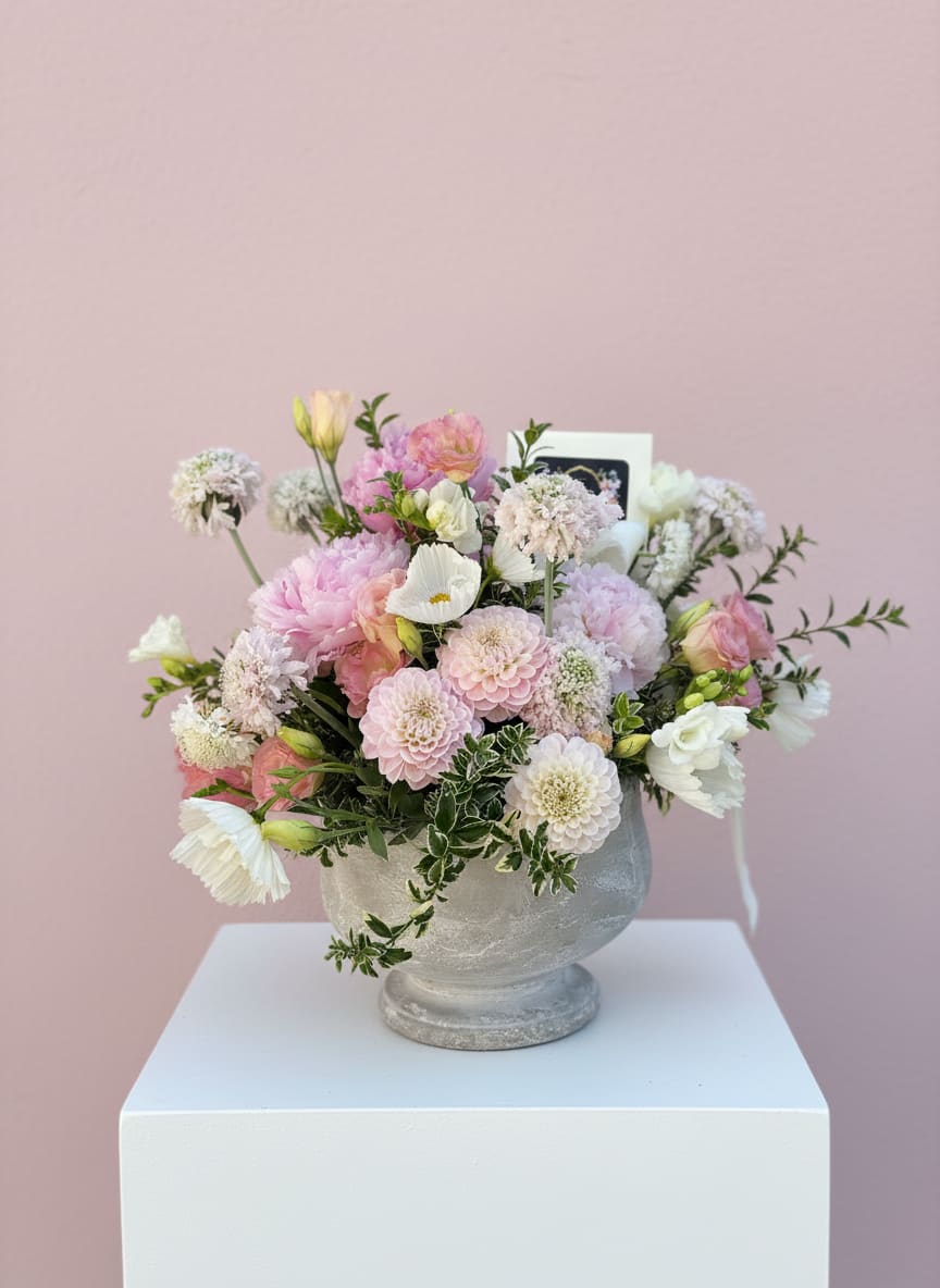 Soft Season - Soft Season The most beautiful time of year, captured in blooms. Delicate pinks and soft tones that feel like a warm, sunny afternoon. Flower varieties and vessels may vary based on availability to ensure the highest quality.