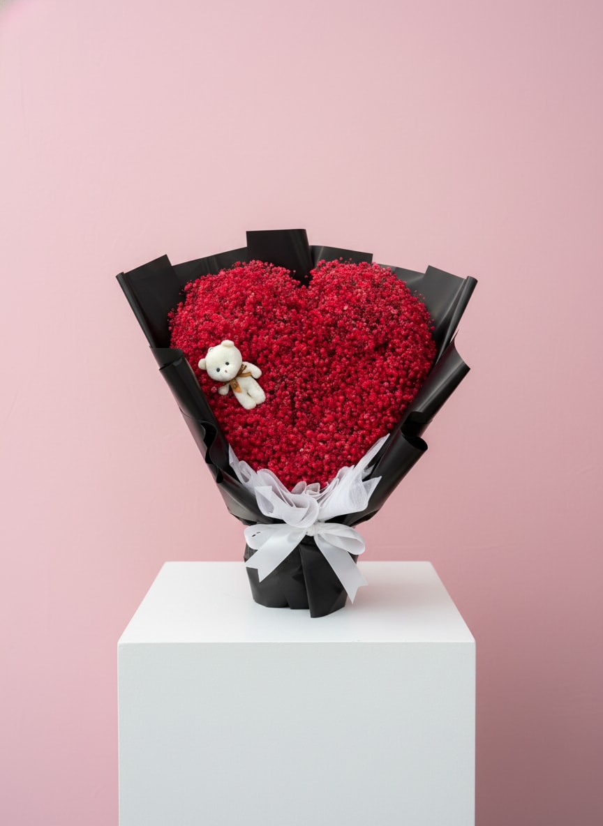 The Grand Amour - The Grand Amour This isn't a bouquet — it's a declaration. A breathtaking oversized heart crafted from thousands of the finest red blooms, wrapped in dramatic black and finished with a delicate white bow. For the love that deserves to be seen. Flower varieties and wrapping may vary based on availability to ensure the highest quality.