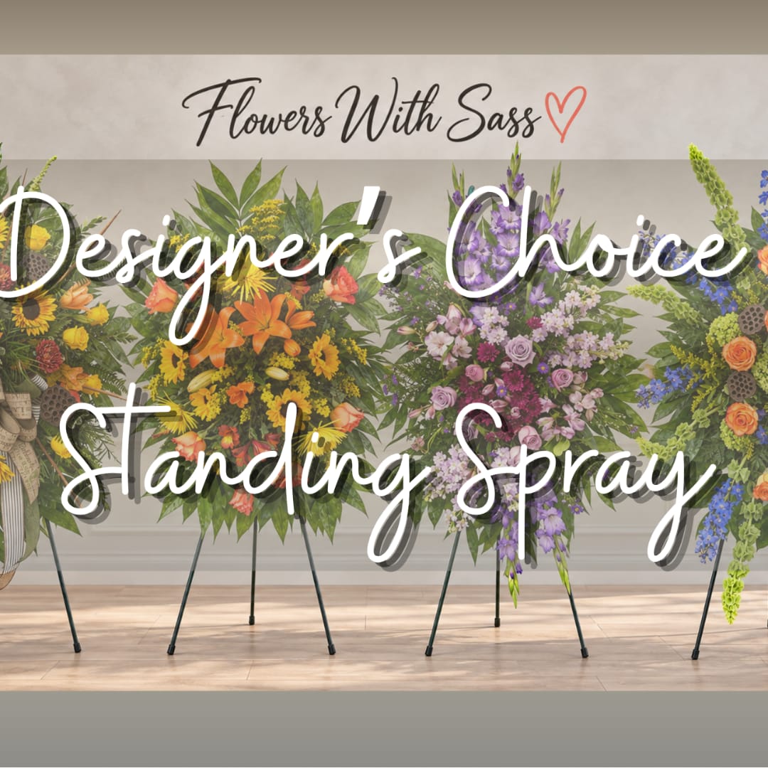 Standing floral sprays on easels with large overlaid text