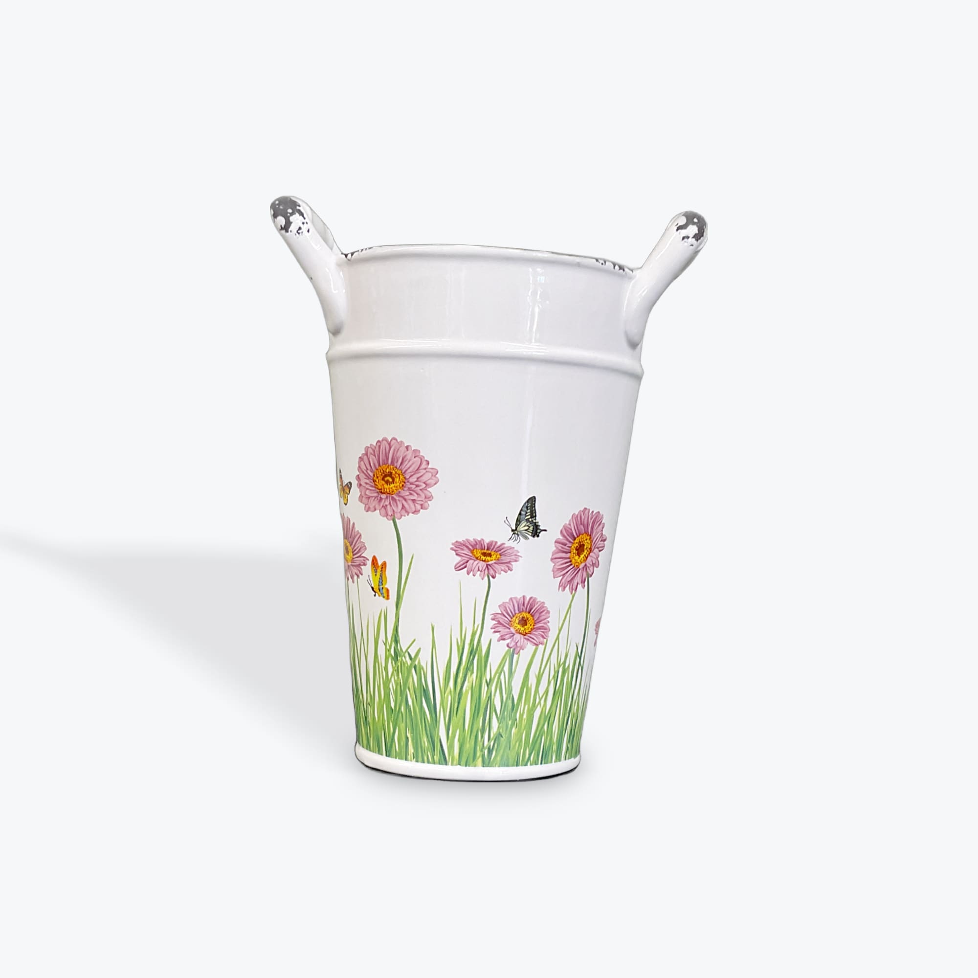White ceramic vase with pink flower and butterfly print