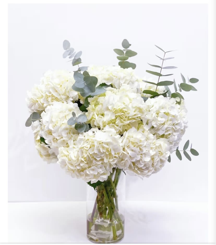 White hydrangea bouquet in a clear glass vase with eucalyptus
