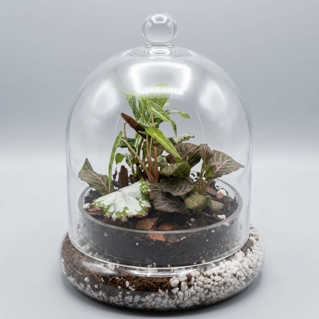 Terrarium with small potted plants under a clear glass dome