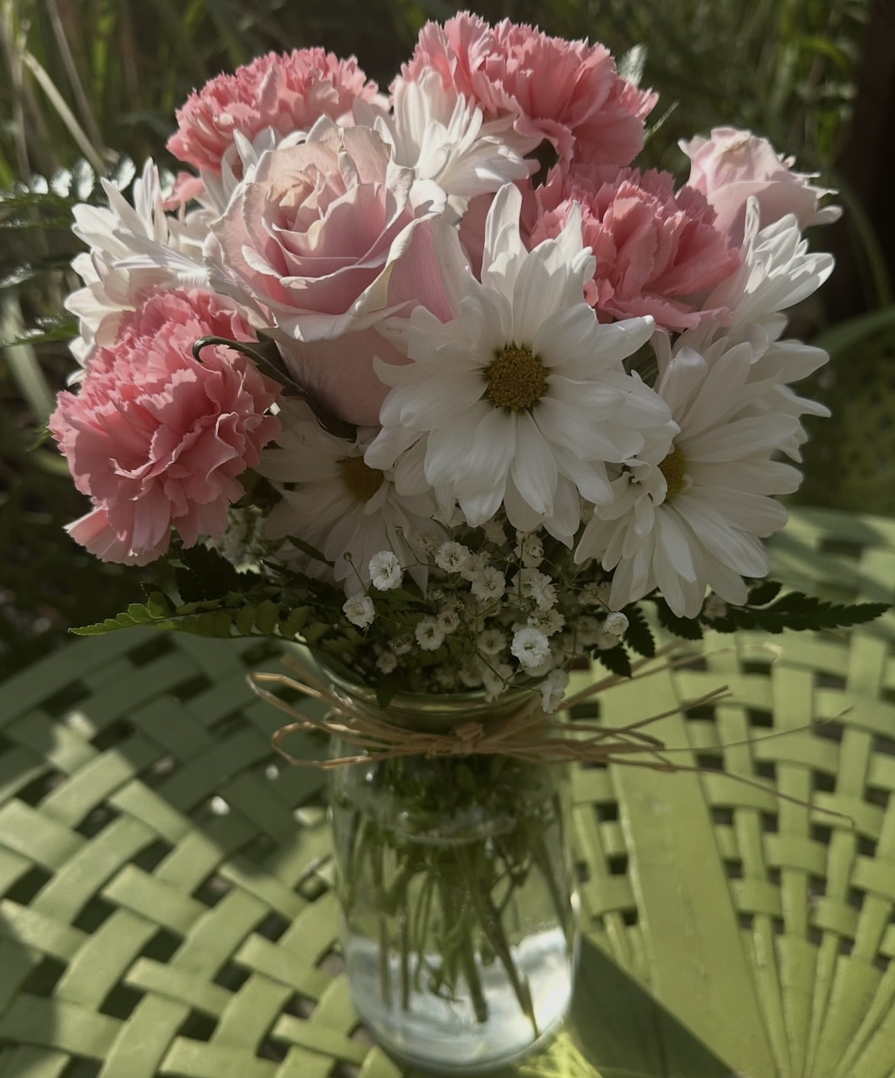 BABY SOFT BOUQET - PINK ROSES, PINK CARNS, WHITE DAISIES, PINK CARNATIONS IN A CLEAR VASE