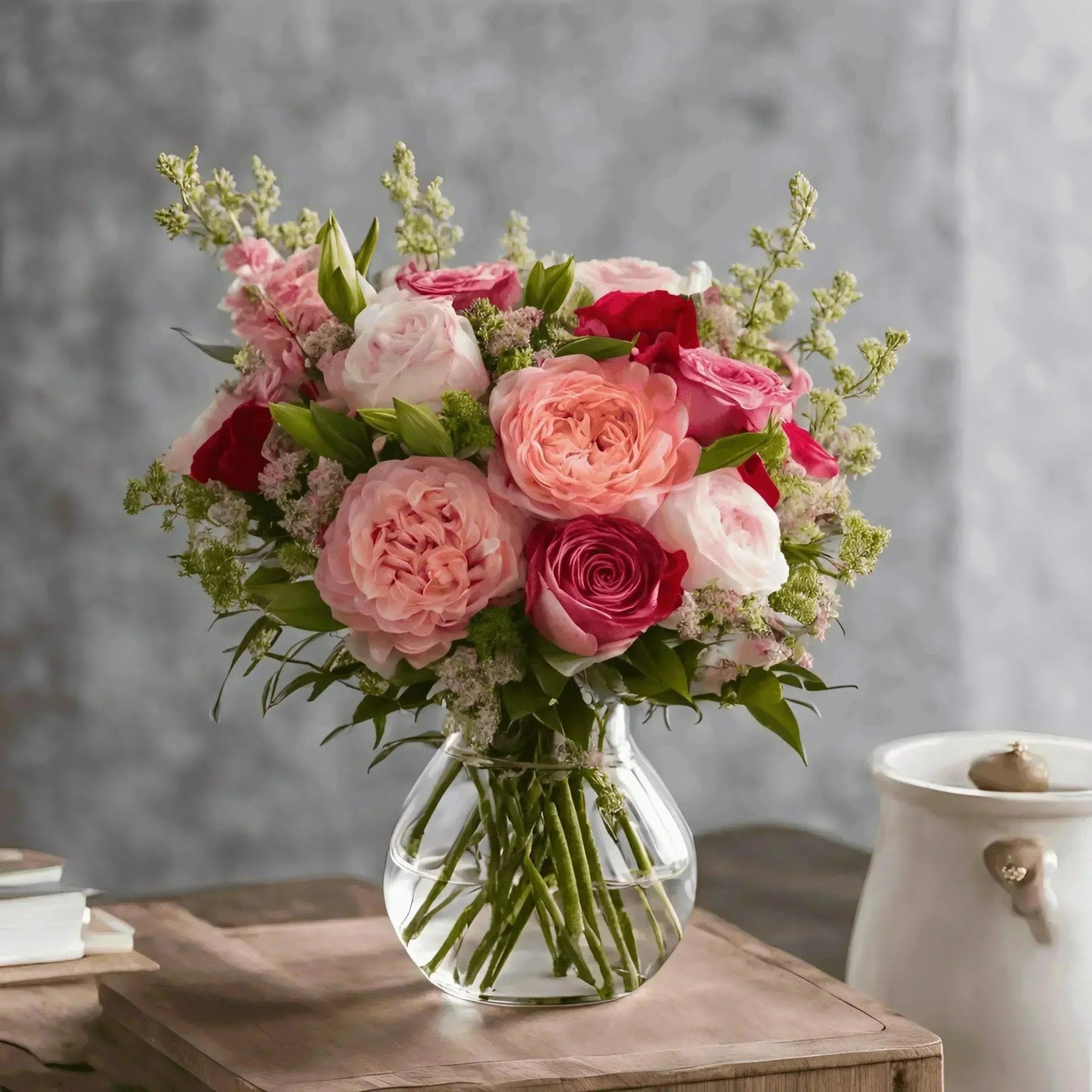 Rose Elegance - A refined blend of blush garden roses, soft pink peonies when on season, and rich red accents, beautifully balanced with fresh greenery and delicate fillers. Arranged in a modern clear glass vase, this bouquet is romantic, timeless, and effortlessly sophisticated — perfect for celebrating love, gratitude, or life’s sweetest moments. 