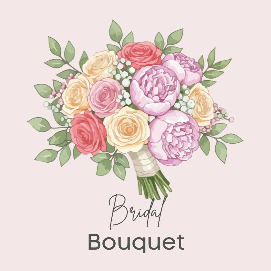 Illustrated bridal bouquet with pink peonies and mixed roses on a pale background