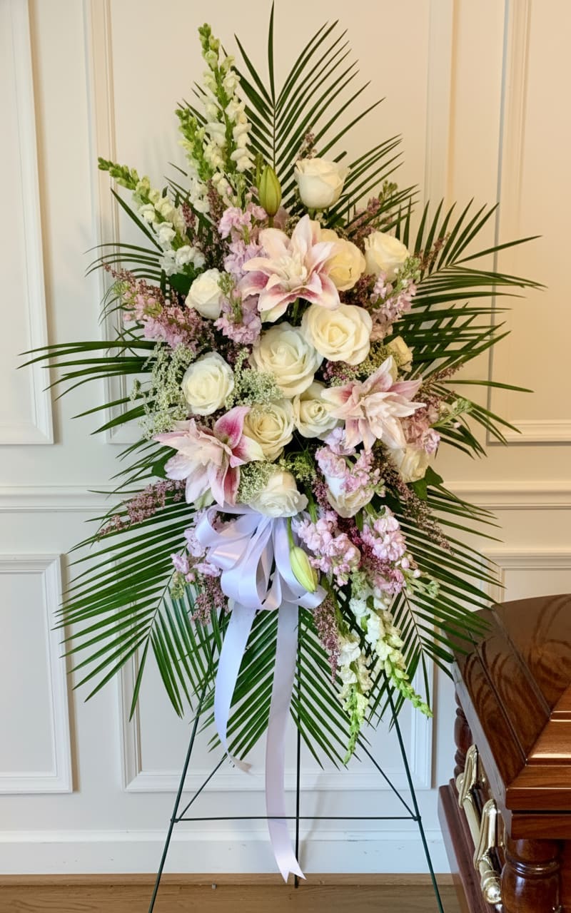 Tall floral standing spray with white and pink blooms on a metal easel