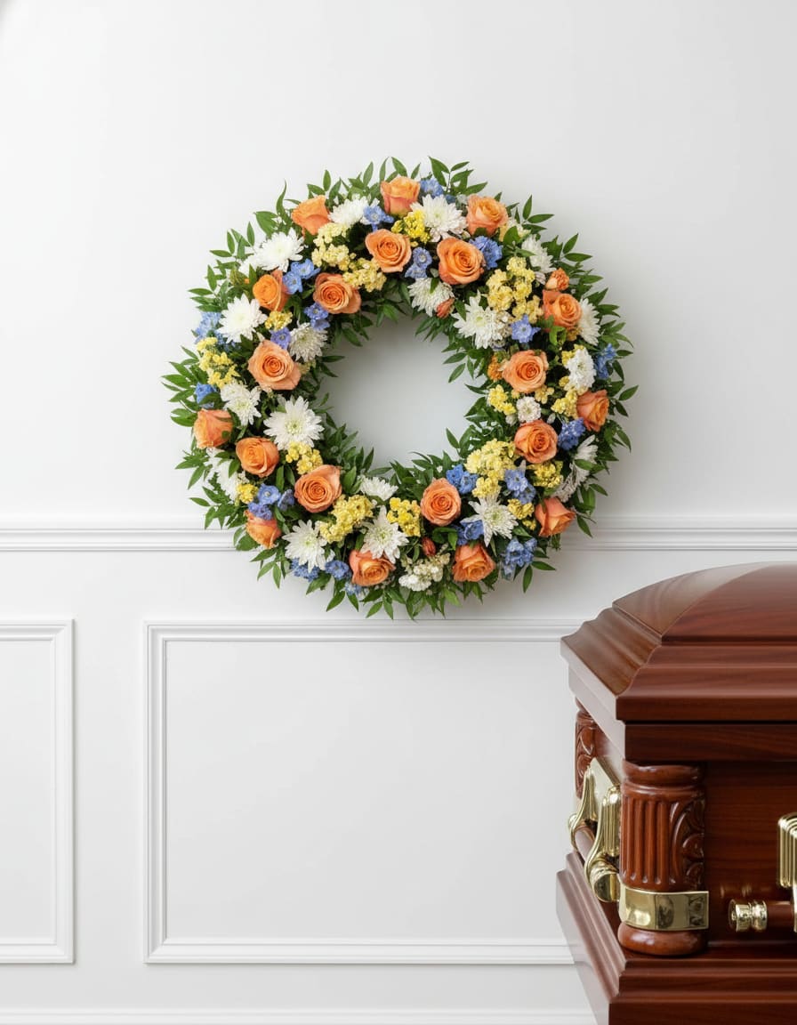 Floral wreath with orange roses, white blooms, and blue accents on a wall