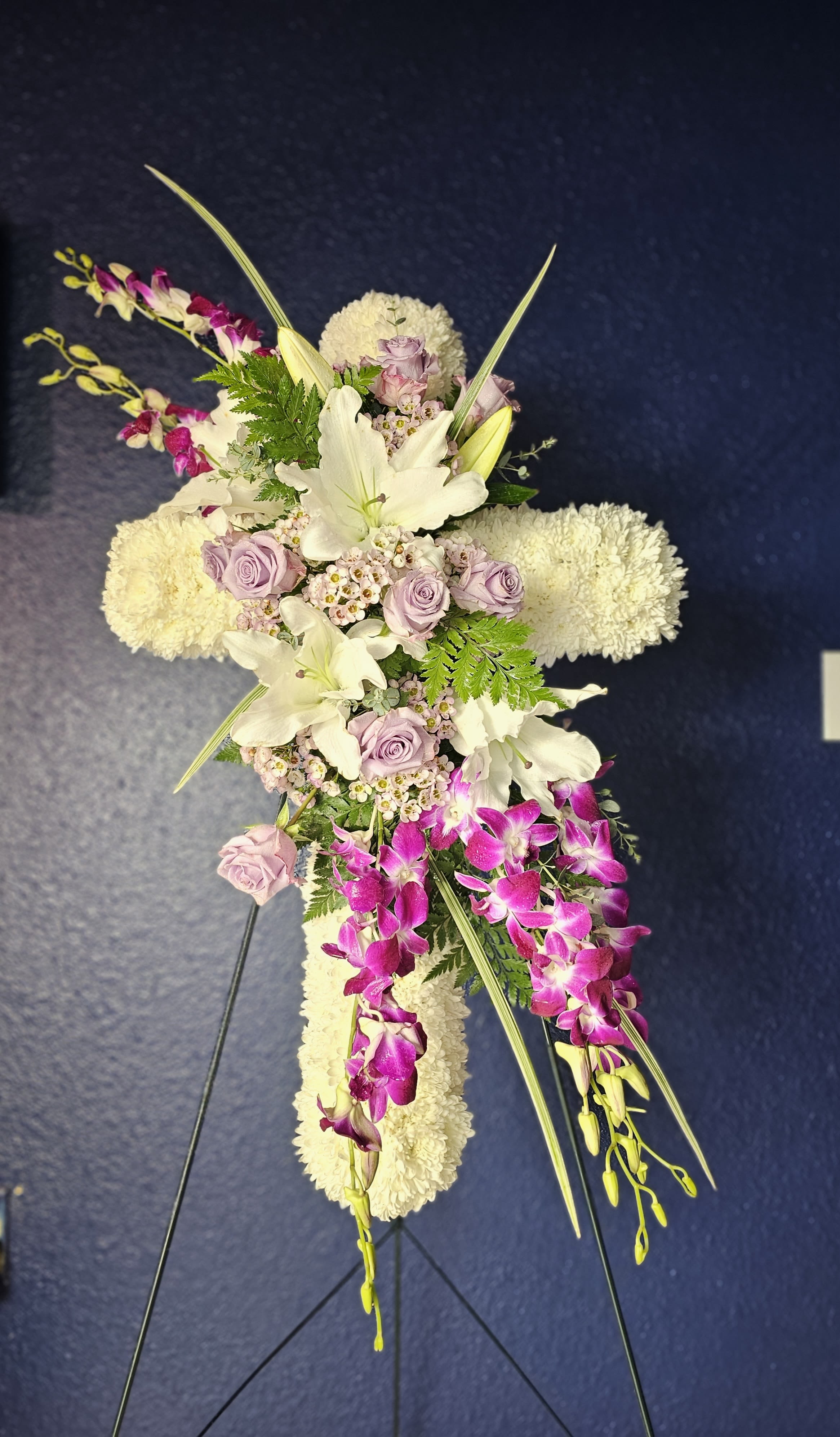 Purple Majesty - Purple sympathy cross with gorgeous lavender roses and purple orchids