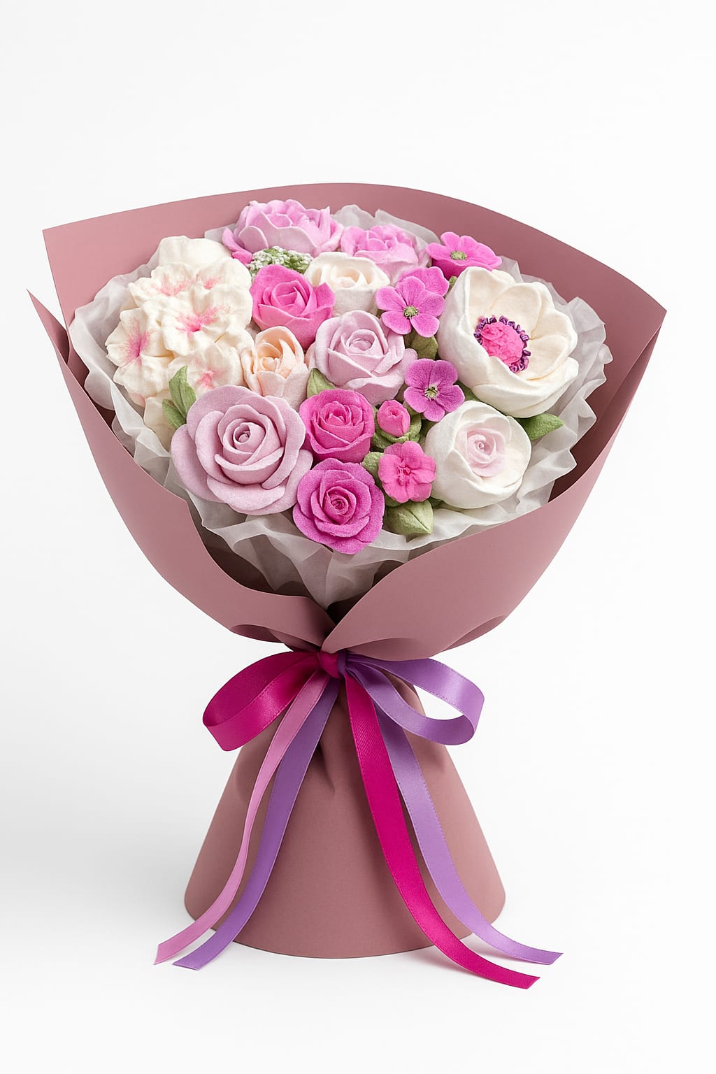 Pink and white rose bouquet with small blossoms wrapped in mauve paper and tied with pink and purple ribbons