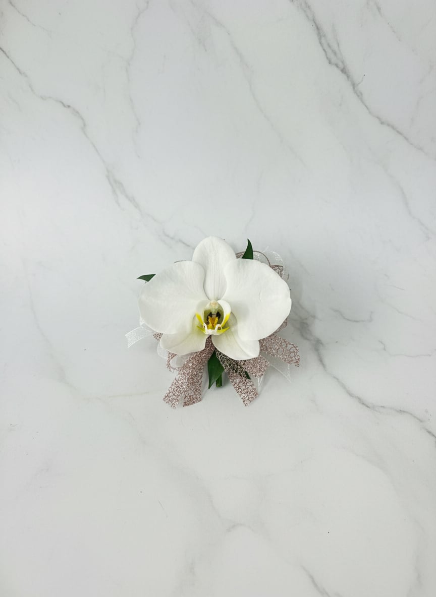 Orchid Corsage  - A classic Orchid Corsage. The corsage comes on an adjustable wristlet, and the boutonniere is attached with a magnet for easy wear. Ribbon color is customizable, please add your choice in the special instructions.