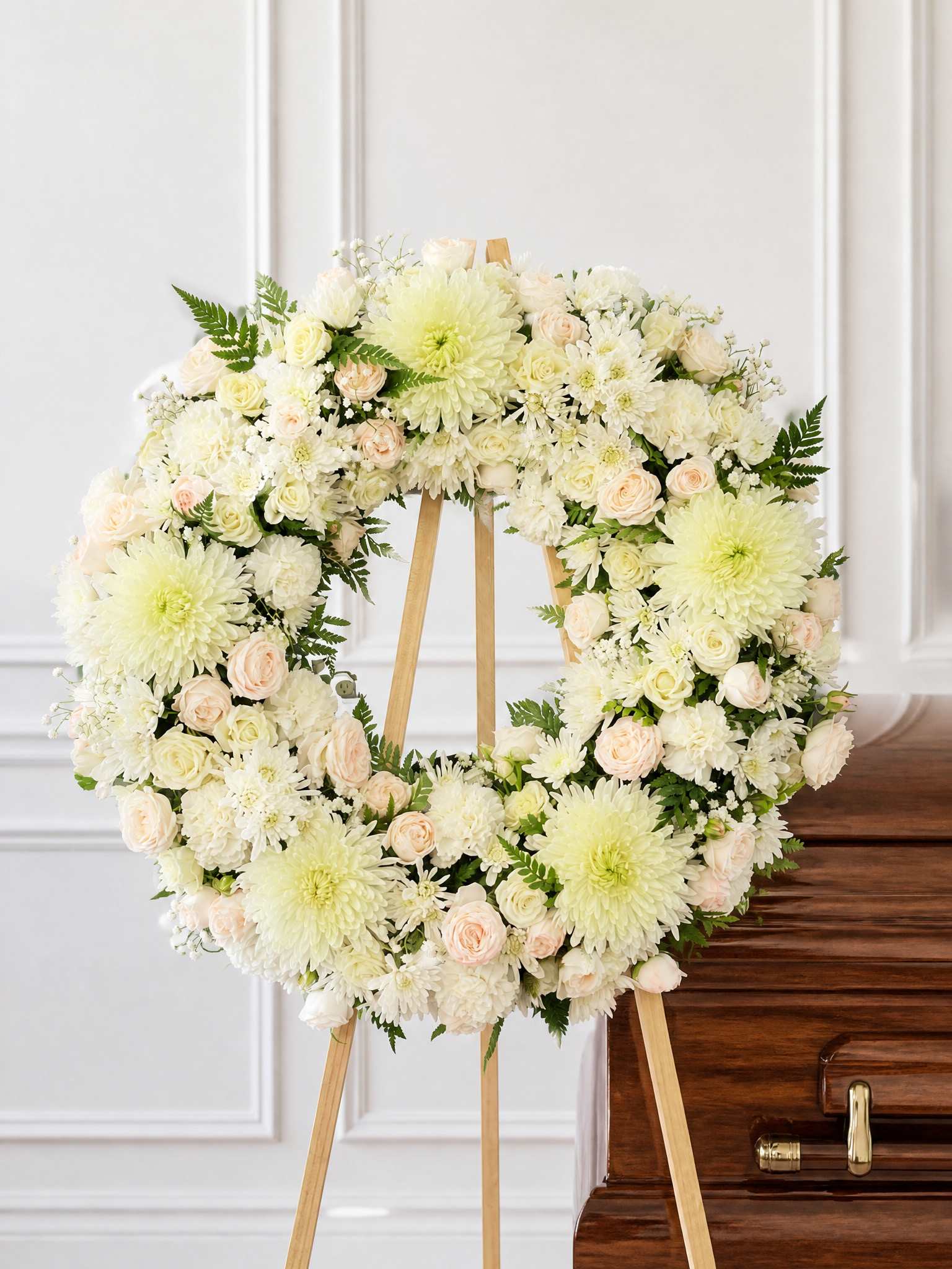 White floral wreath on a wooden easel beside a casket