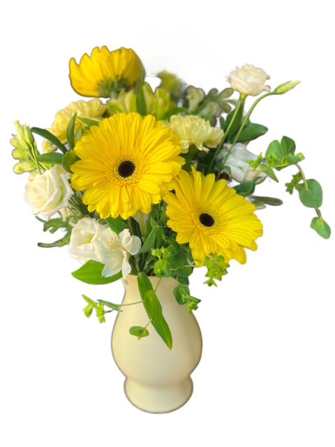 Yellow gerbera daisies and white flowers in a cream vase