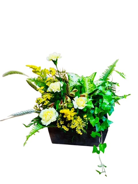 White and yellow floral arrangement in a black rectangular container