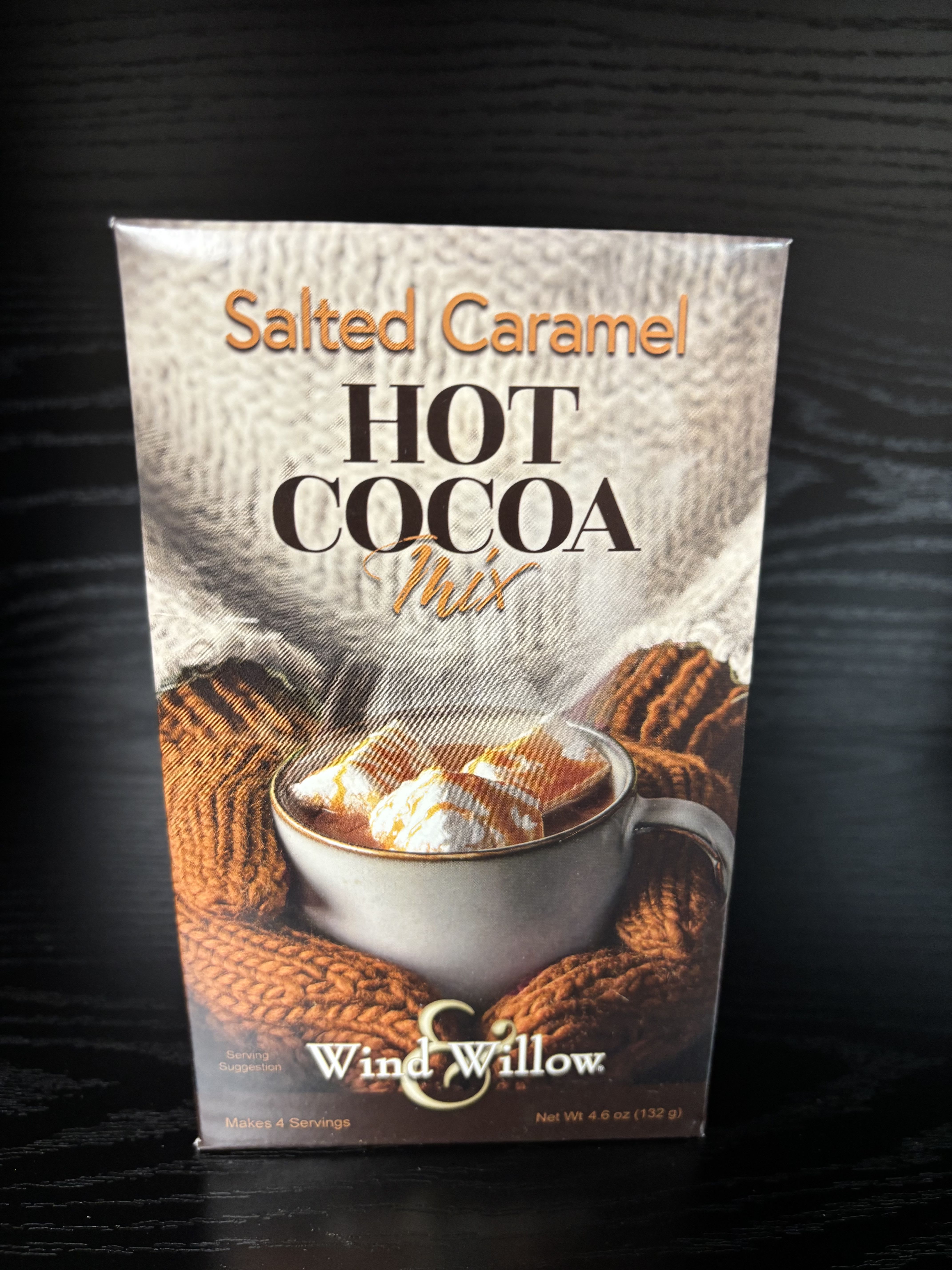 Box of salted caramel hot cocoa mix with a mug of cocoa on the front